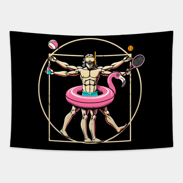 Pool Party Pink Flamingo Vitruvian Man Novelty Funny Summer Tapestry by KsuAnn