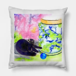 Cat playing and chinoiserie jar watercolor painting Pillow