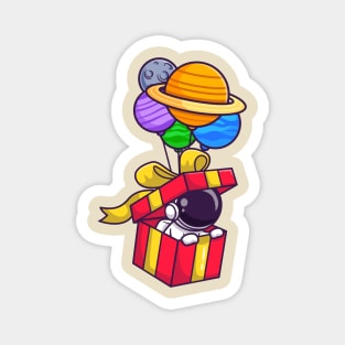 Cute Astronaut In Box Floating With Planet Balloon Cartoon Magnet