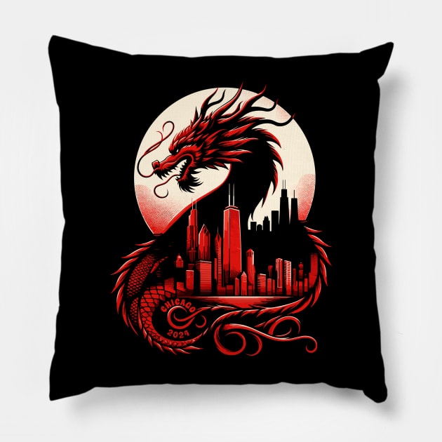 Fiery Chicago Dragon - Lunar New Year 2024 Pillow by 2HivelysArt