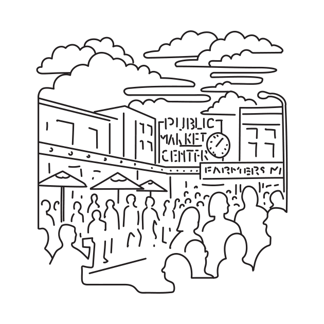 Pike Place Market in Downtown Seattle USA Mono Line Art by retrovectors