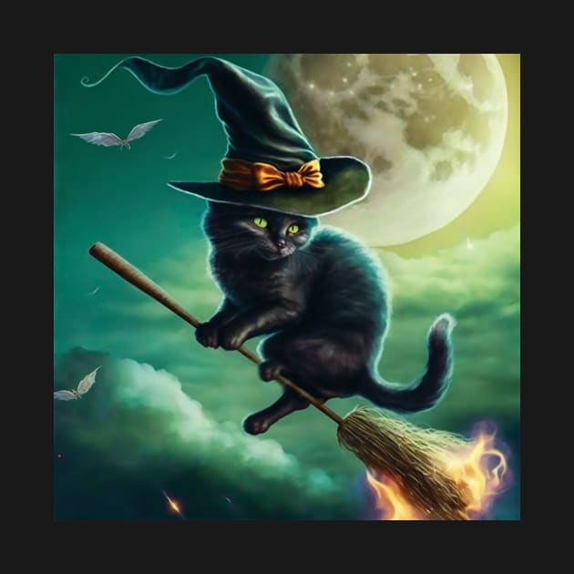 Magical Cat Flying on Her Broomstick by MyMagicalPlace