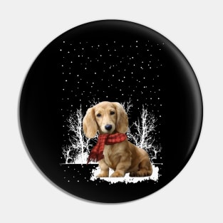 Christmas Cream Dachshund With Scarf In Winter Forest Pin