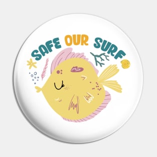 Safe our Surf quote with cute sea animal fish, starfish, coral and shell Pin