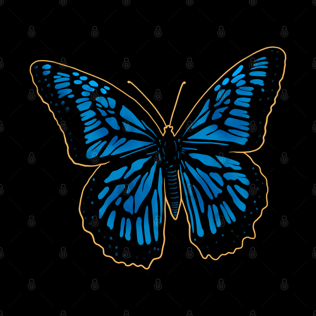 Blue and black Monarch butterfly drawing drawn with a yellow outline. by DaveDanchuk