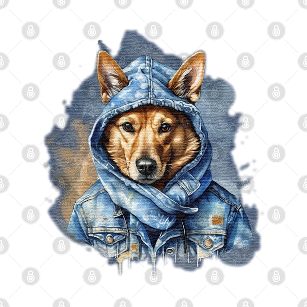 Street Dog wearing a denim jacket hoodie watercolor splash art by JnS Merch Store