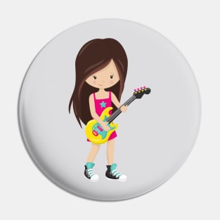 Rock Girl, Brown Hair, Guitar Player, Band, Music Pin