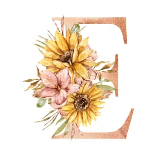 Watercolor sunflower floral  wedding monogram, E letter illustration T-Shirt