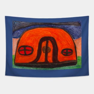 Colourful Orange Igloo on Grass with Cream and Blue Background Tapestry