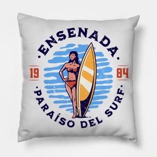 Vintage Ensenada, Mexico Surfer's Paradise // Retro Surfing 1980s Badge B Pillow