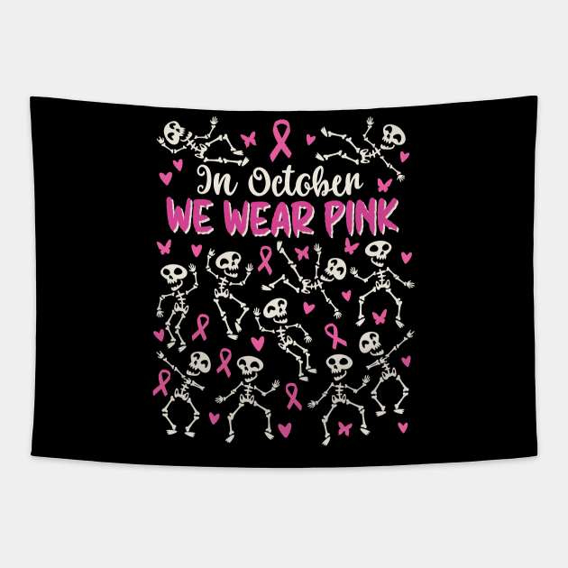 Breast Cancer Awareness Halloween Skeletons Dancing Tapestry by Graphic Duster
