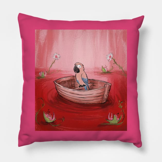 AI generated floral lake parrot on boat Pillow by Catbrat