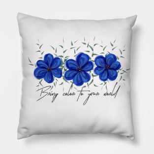 Watercolor Blue Flowers with Green Leaves Pillow