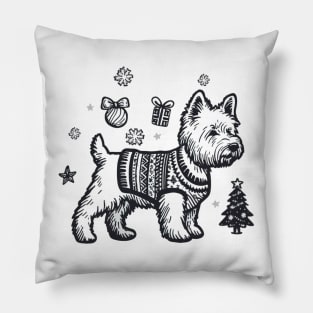 Black and White Westie Christmas Design - West Highland Terrier - Cartoon Dog Holiday Drawing Pillow