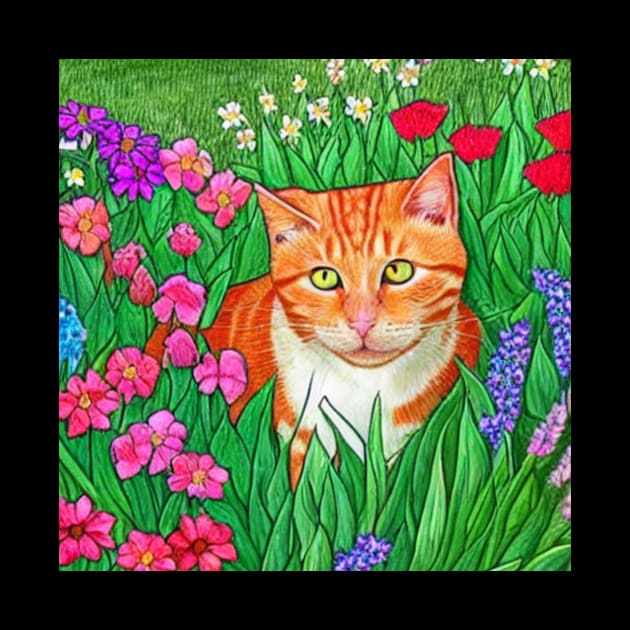 Orange Cat on Flowers by Designlee