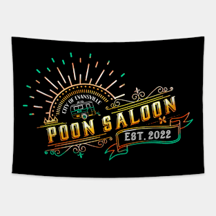 Poon Saloon Vintage Gold Old Fashioned Evansville Midwestern joke ICE COLD BEER Tapestry