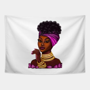 Queen Black is beautiful anime manga black girl with Gold bangles, neck ring necklace, purple dress and head wrap, brown eyes and dark brown skin ! Tapestry