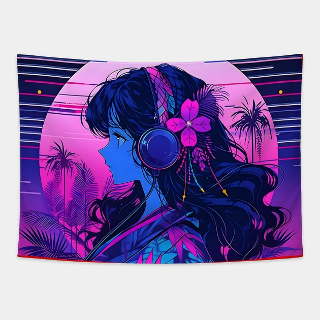 Synthwave Music Album Cover - Anime Wallpaper Tapestry by KAIGAME Art