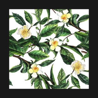 Tea Camellia Watercolor Pattern T-Shirt