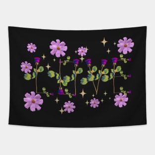 Love pink  roses on stems with gems and purple flowers black bg Tapestry