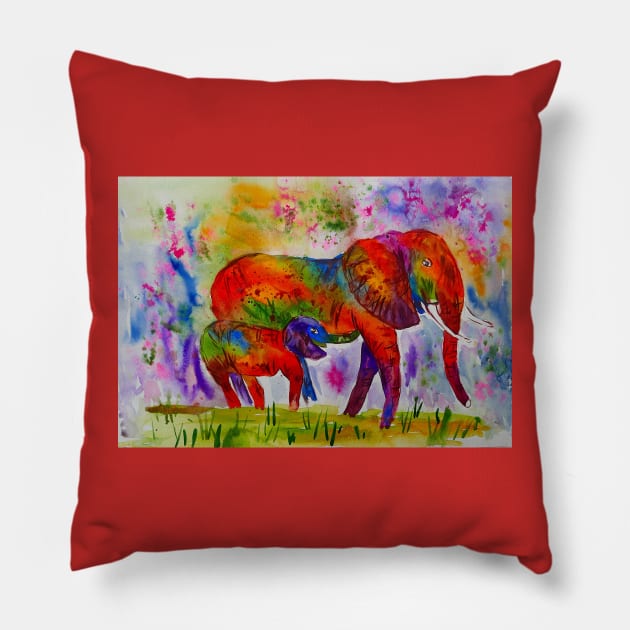 Colourful Mother and Baby Elephants Pillow by Casimirasquirkyart