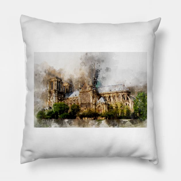 Notre-Dame de Paris Watercolor 02 Pillow by SPJE Illustration Photography