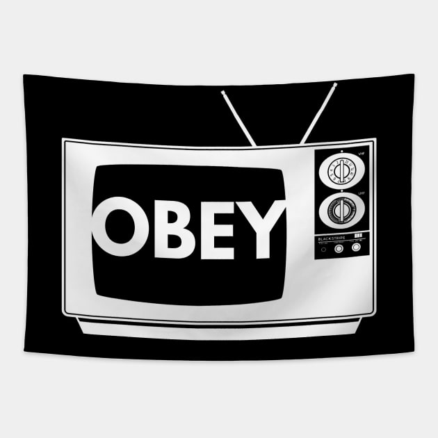 Obey TV (white print) Tapestry by blueversion