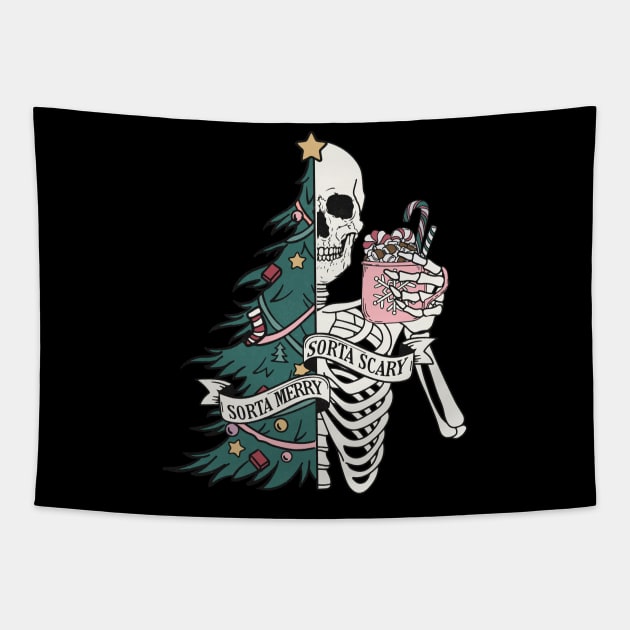 "Sorta Scary Sorta Merry" Christmas Skeleton Tapestry by FlawlessSeams