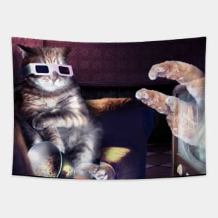 Cat With 3D Glasses Watching 3D Horror Movie Tapestry