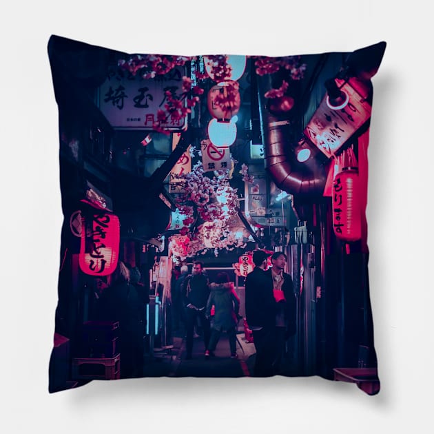 Tokyo Street Neon Synthwave Pillow by JeffDesign