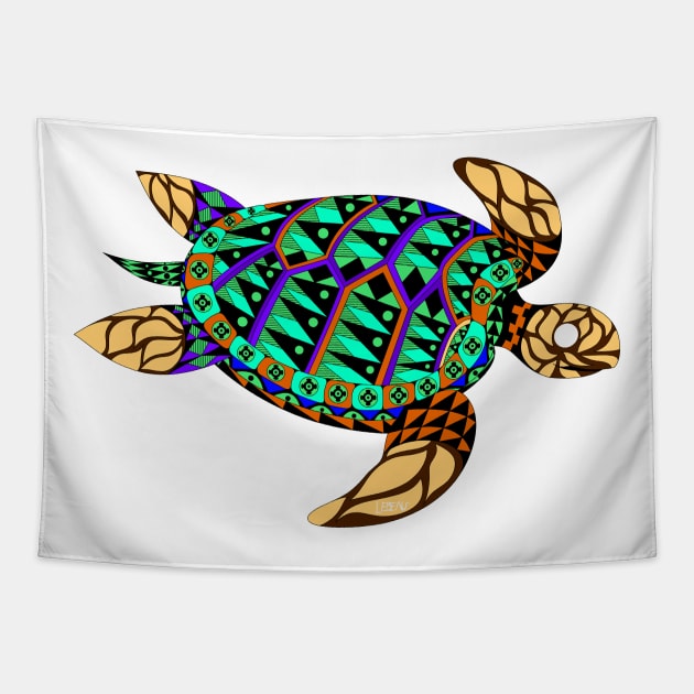 king turtle tortoise tortuga ecopop in mexican colorful patterns Tapestry by jorge_lebeau