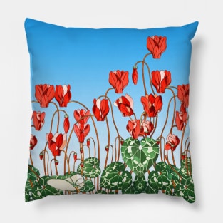 RED CYCLAMENS,GREEN LEAVES UNDER BLUE SKY Floral Pillow