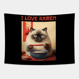 Quirky Chubby Himalayan Kitty Cat Eating Ramen - I Love Ramen Tapestry