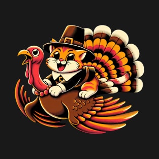 Ginger Cat & Turkey - Humorous Pilgrim Thanksgiving Print T-Shirt