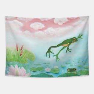 Frog Jumping Into Pond Illustration Tapestry