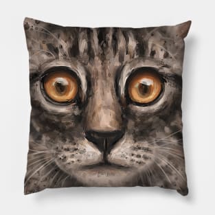 Close Up Painting of a Gray Kitten Face with It's Big Orange Eyes Pillow