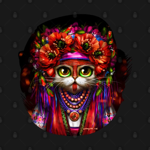 A Ukrainian cat Motanka in folk costume with a wreath of flowers on her head by Marysha_art