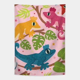 Colourful Crested Geckos with Jungle Leaves and Stars on pale pink Tapestry