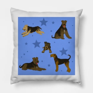 Airedale Terriers Pattern Stars Blue Pillow