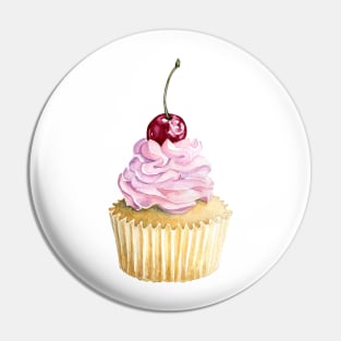 Pink watercolor cupcake with cherry Pin