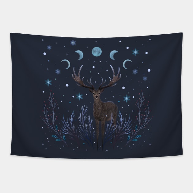 Deer in Winter Night Forest Tapestry by Episodic Drawing