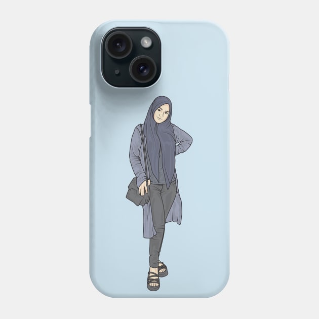 Beautiful woman wearing a hijab wearing a blue shirt with a blue cardigan and tight black trousers Phone Case by crissbahari