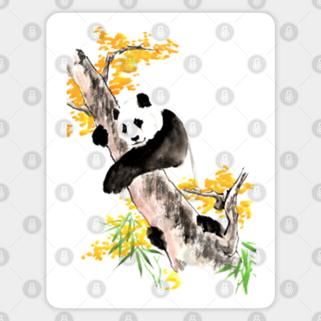 Panda On A Flowering Tree Chinese Painting Panda Sticker
