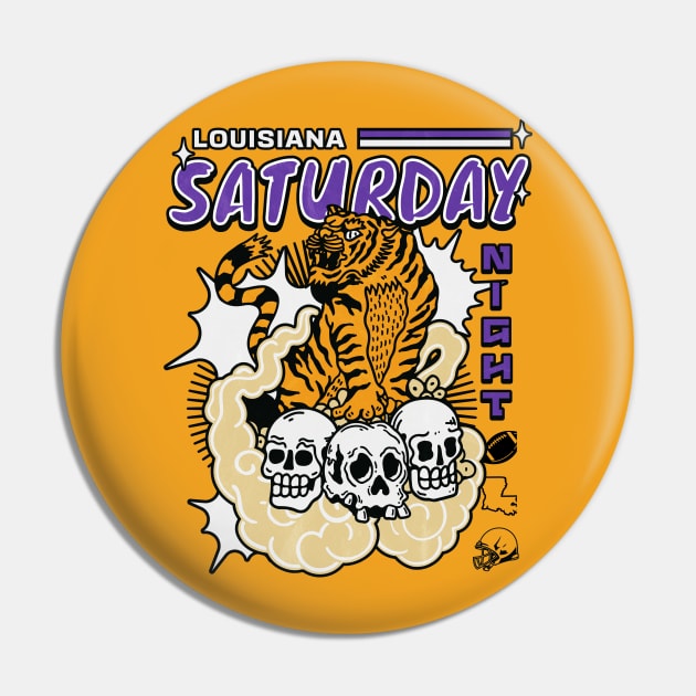 Retro Louisiana Saturday Night Manga Style Purple and Gold Pin by SLAG_Creative
