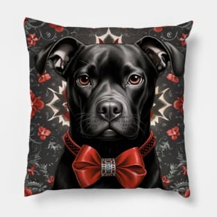 Black Staffy And Red Roses Pillow