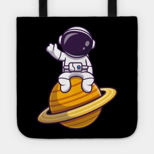 Cute Astronaut Sitting On Planet Waving Tote