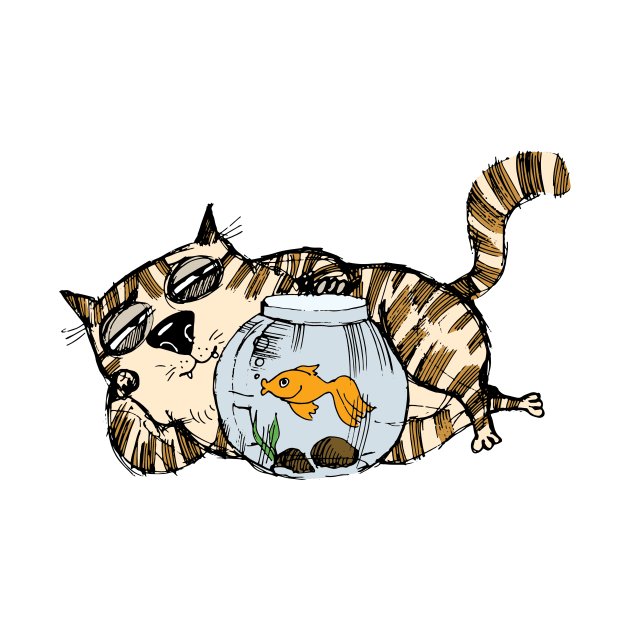 Cat and Goldfish Funny Cat by allovervintage