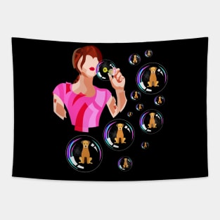 A CRAZY GIRL BLOWS BUBBLES WITH DOG Tapestry
