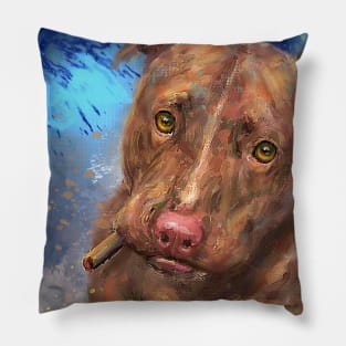 Painting of a Red Nose Pit Bull with a Cigar Pillow