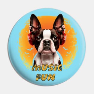 Boston Terrier dog listening to music with headphones Pin